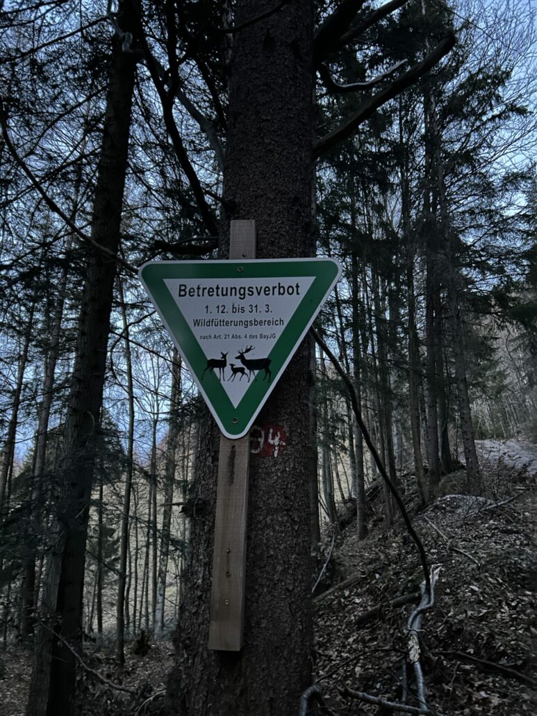 Schild beim Wanderweg, Betretungsverbot Wildfütterungsbereich