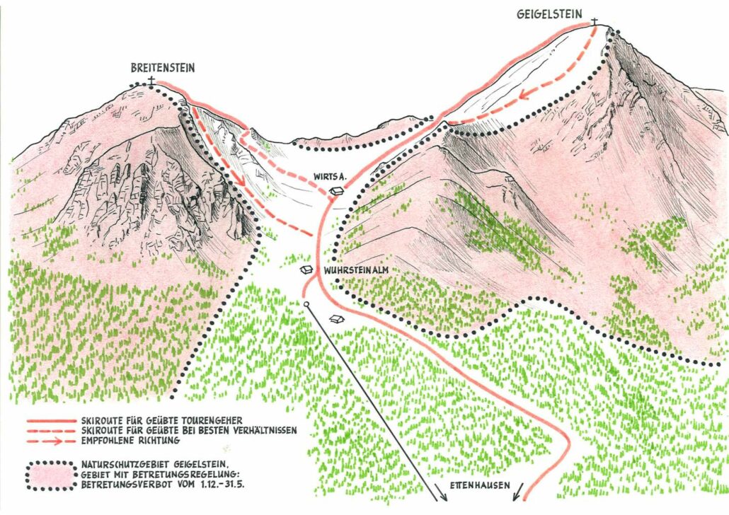 Gezeichnete Karte des Geigelsteins mti naturverträglichen Skitourenrouten